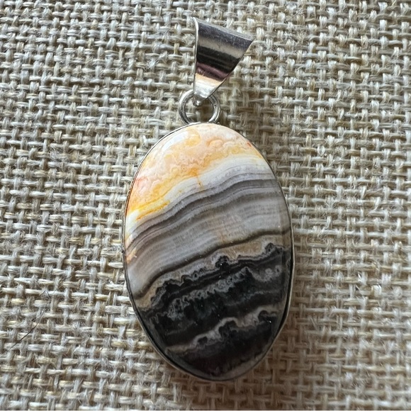 New Zebra Calcite Agate Stone Silver Overlay Pendant Necklace w Cord - Picture 3 of 8